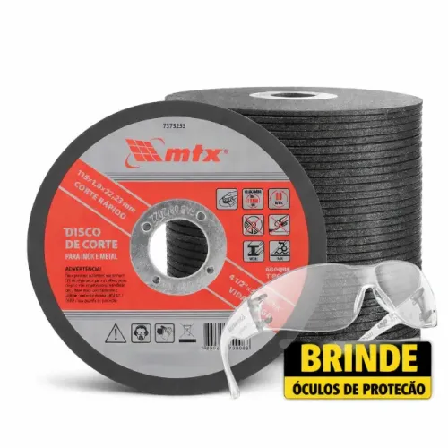 Kit 100 Discos Mtx 115x1x22.23 Mm Inox Metal + Óculos Brinde