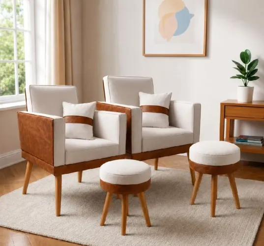 Kit duas poltronas para sala decorativa +2 puf 2 duas almofadas