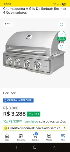 Churrasqueira a gás de embutir com 4 queimadores 