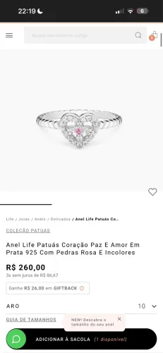 anel vivara tamanho 14, acompanha caixinha e a sacola