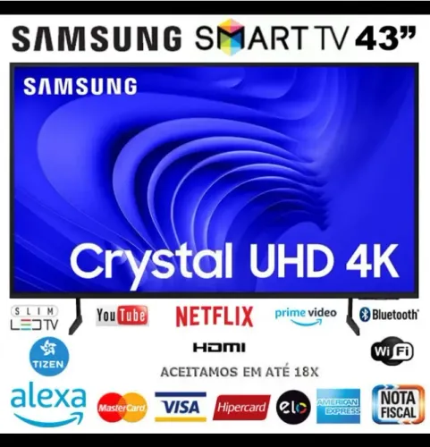 Smart TV Samsung LED 43" Ultra HD 4K Crystal HDR+, HDMI, Alexa, Bixby, Novíss, Garantia
