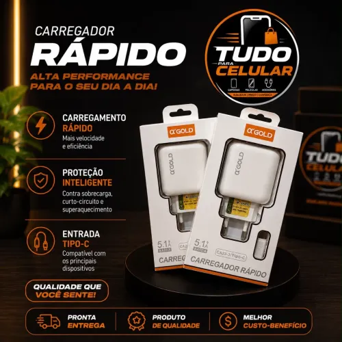 Carregador Rápido A?Gold 5.1A Tipo-C e iPhone (iOS) - Novo e Lacrado