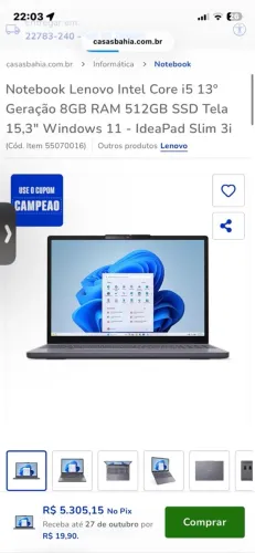 Notebook Lenovo Intel Core i5 13ª Geração 8GB RAM 512GB SSD Tela 15,3" Windows 11 -