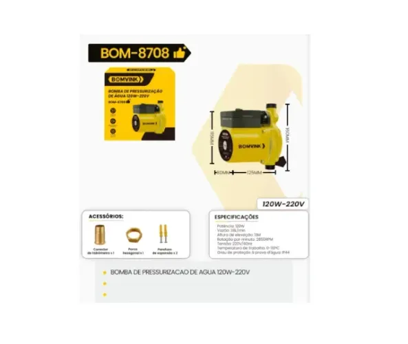 BOMBA DE PRESSURIZAÇÃO DE ÁGUA 120W-220V-BOM-8708