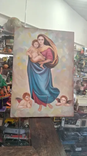 Antigo Quadro Madona Sistina  pintura a óleo 70x40