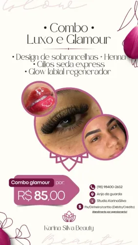 COMBO EXTENSÃO DE CÍLIOS, DESIGN DE SOBRANCELHAS + HENNA E SPA LÁBIAL