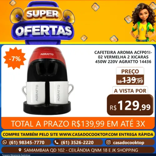 CAFETEIRA AROMA ACFP01I-02 VERMELHA 2 XICARAS 450W 220V AGRATTO 14436
