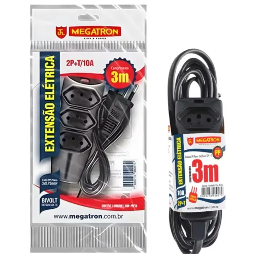 Extensão elétrica 3m preta megatron