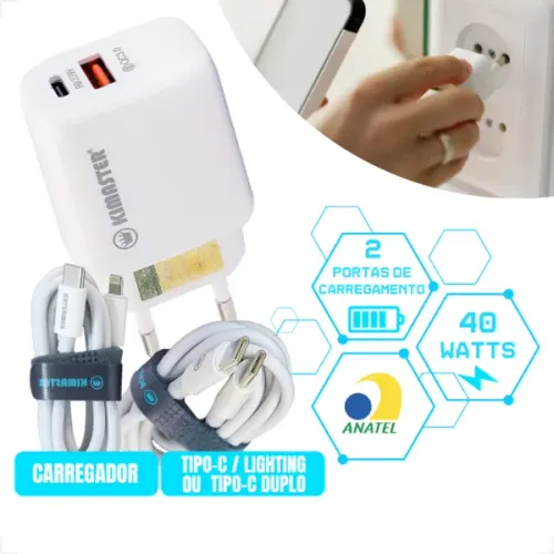 Carregador Turbo Tipo C 40W 1 metro KIMASTER Cabo Lightning USB ANATEL Iphone e Android