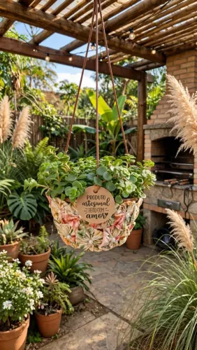 Planta pendente decorada com fuxico mais planta