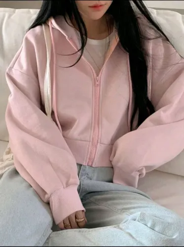 Jaqueta Moletom Feminina Rosa Chiclete Cropped Oversized Capuz DAZY SHEIN