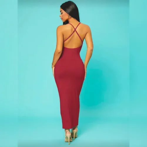 vestido sexy vermelho criss cross costas nuas longo shein (novo)