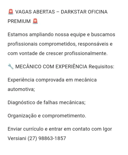 Oficina Mecânica contrata: