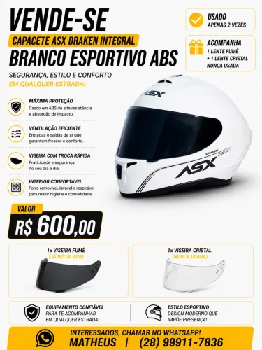 CAPACETE ASX DRAKEN BRANCO + 2 VISEIRAS