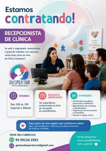 Vaga de recepcionista - clínica infantil 