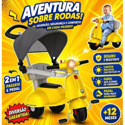 Triciclo Infantil Bandeirante Banderetta 2 em 1 com Capota e Pedal | Passeio e Diversão
