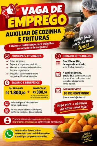 Vaga para auxiliar de cozinha e frituras 