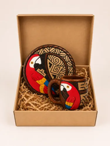 Kit Presente Artesanato Amazônico - Caneca e Prato em Cerâmica Marajoara