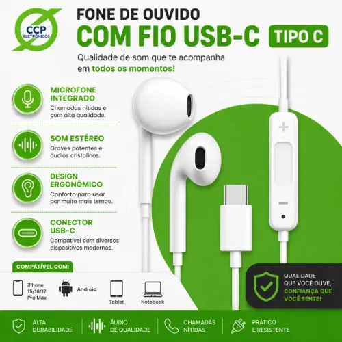 Fone de Ouvido com Fio USB-C Tipo C, Microfone Integrado, Estéreo