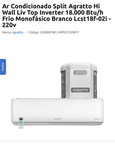 Ar condicionado - AGRATTO HW INF 18k LIV TOP