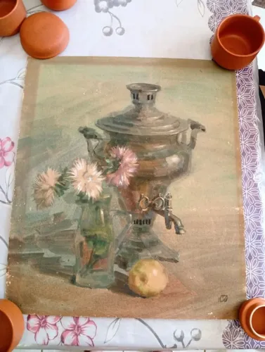 Aquarela russa assinada Yury Konyshev- samovar 1992