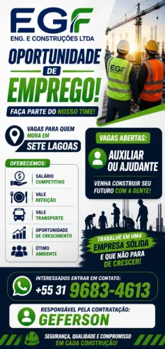 Contrata-se auxiliar ou ajudante geral, carteira assinada, para trabalhar na Rod MG 040