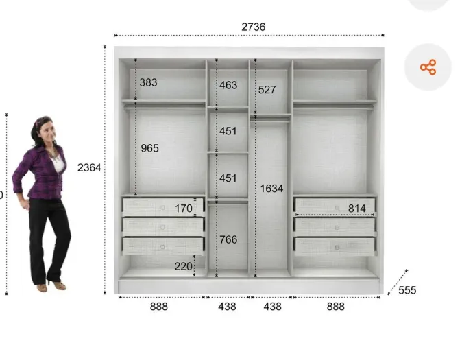 Guarda roupa MDF 25mm 3 portas com espelho