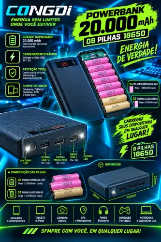 PowerBank CONGDI 20.000 mAh 08 Pilhas 18650 Originais Samsung & LG