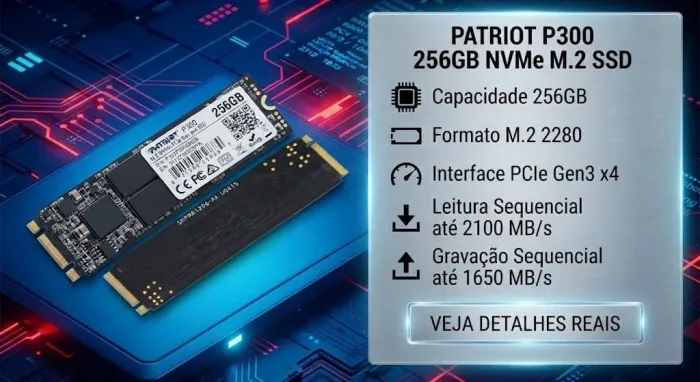 SSD Patriot P300, 256GB, M.2 NVME, Leitura 1700MBs e Gravação 1100MBs