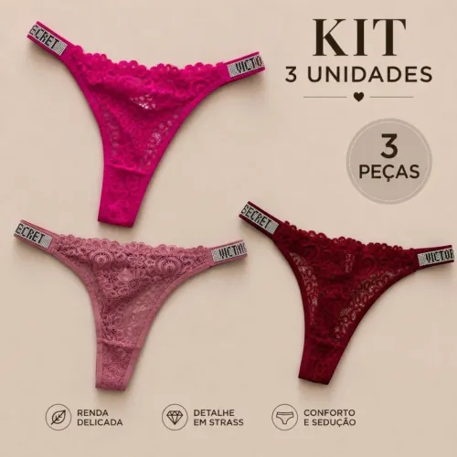 ? Kit 3 Calcinhas Fio Dental de Renda - Estilo Luxo