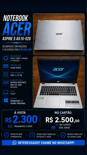 Notebook Acer Aspire 5 i7 | 24GB RAM | SSD240GB M.2 , HD 1TB | GeForce MX130 - R$ 2.500