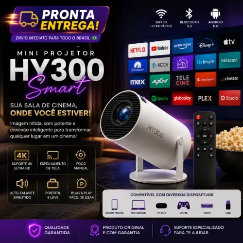 Mini Projetor HY300 4K Smart - Wi-Fi + Bluetooth