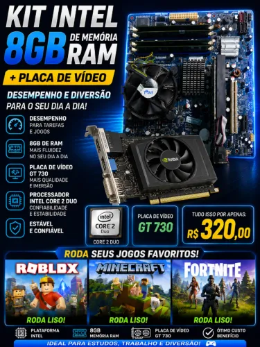 Kits placa mãe + placa de vídeo core 2 duo, 8GB de Ram