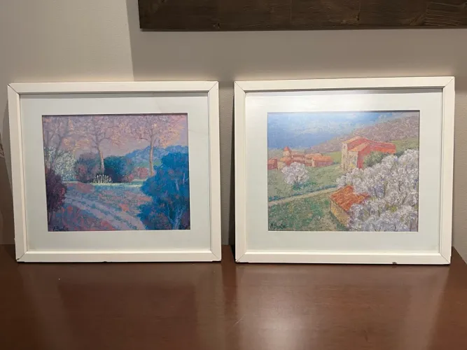 Par de Quadros Paisagem Assinados - Moldura Branca com Paspatur