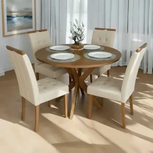 Conjunto Luna Redondo 108 Cinamomo com 4 Cadeiras Linho Bege