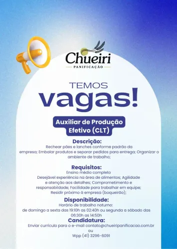 Vaga Auxiliar de produção