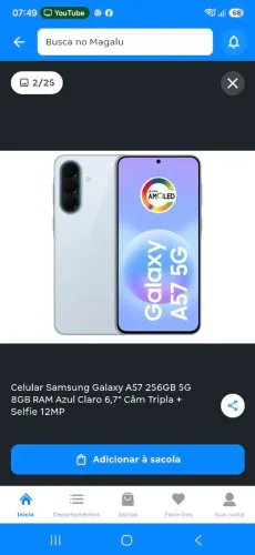Celular Samsung Galaxy A57 256GB 5G 8GB RAM Azul Claro 6,7" Câm Tripla + Selfie 12MP