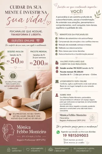 Psicoterapia - Psicanálise preço popular.