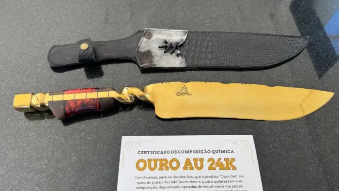Faca Full Gold 24k Forjada 14' Polegadas + Bainha em Couro