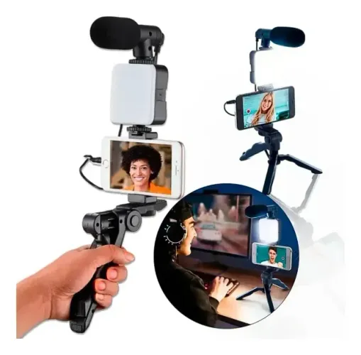 Suporte para Celular com Tripé Luz LED para Streaming Podcast Self com Microfone 