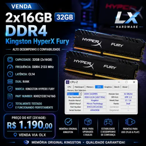 Memória RAM Kingston HyperX Fury DDR4 de 32GB (2x16GB)