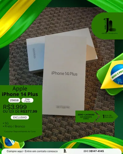 IPHONE 14 PLUS, 5G, 256GB, CHIP FÍSICO, LACRADO, EXCLUSIVO!