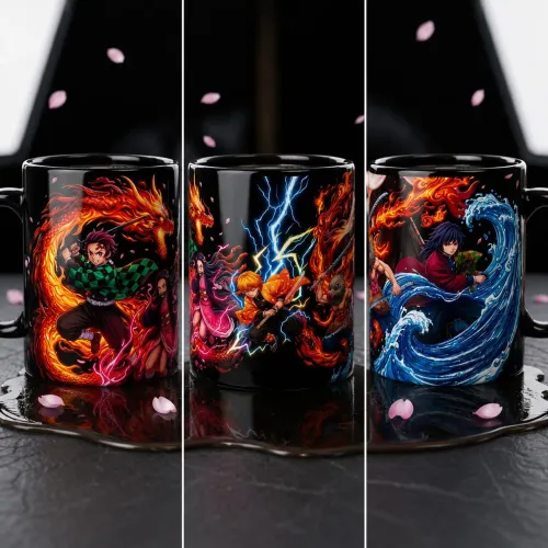 Caneca Demon Slayer Personagens Fundo Preto Kimetsu No Yaiba Geek