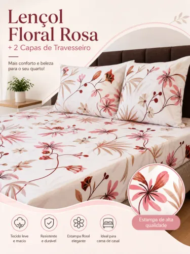 Lençol Floral Rosé + 2 Capas de Travesseiro
