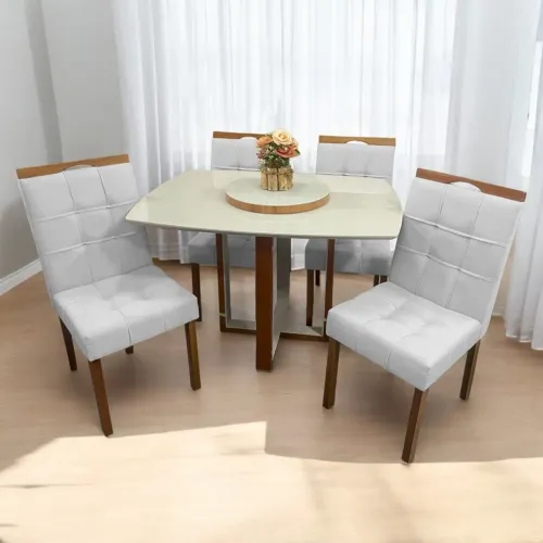 Mesa Atlas Mel/Off White Canto Barril 120×90 com 4 Cadeiras Sophia 