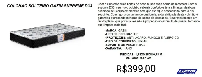 COLCHÃO DE SOLTEIRO GAZIN D33 A PRONTA-ENTREGA 
