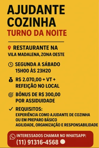 Vaga emprego Zona Oeste auxiliar de cozinha contratando