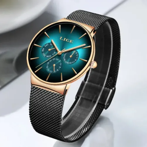 Relógio Unissex Dourado com Mostrador Degradê Verde/Preto Pulseira Aço Inox Preta