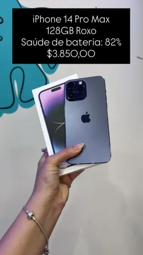iPhone 14 Pro Max / 128GB / Roxo / Saúde de bateria 82% / R$ 3.850,00