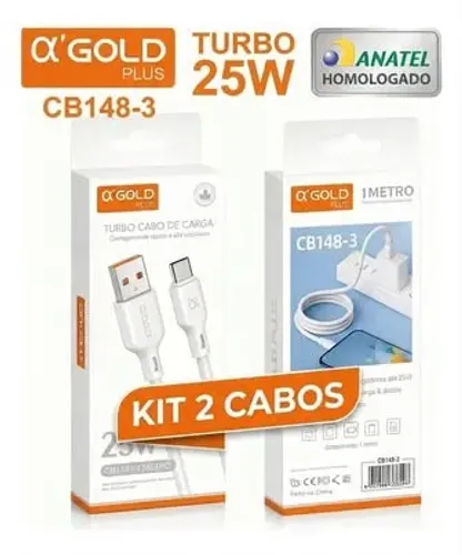 Kit 2 Cabos Tipo-C A'Gold Turbo 25W Carga Rápida (1 Metro)
